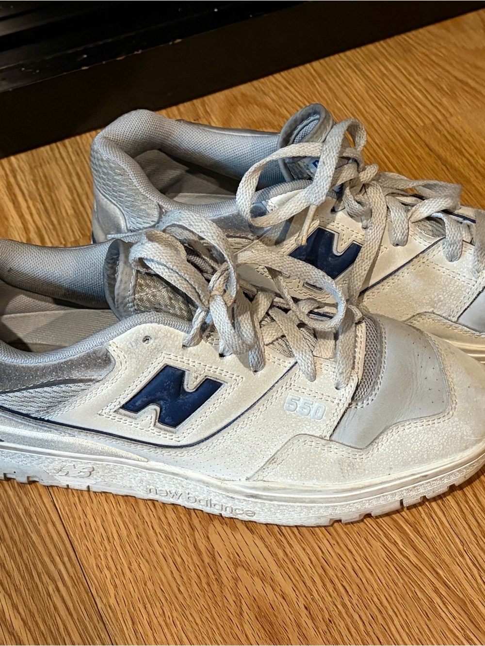 New Balance Women’s 550 Sneakers in Light Gray with Navy N Logo